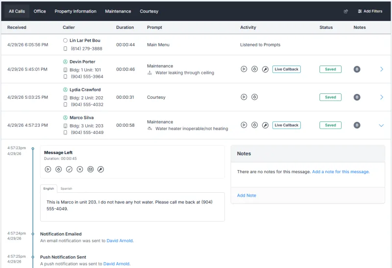 Call list with expanded maintenance call detail