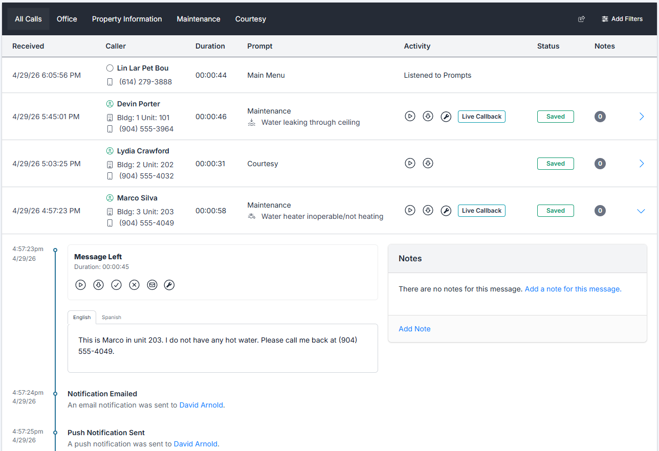Call list with expanded maintenance call detail