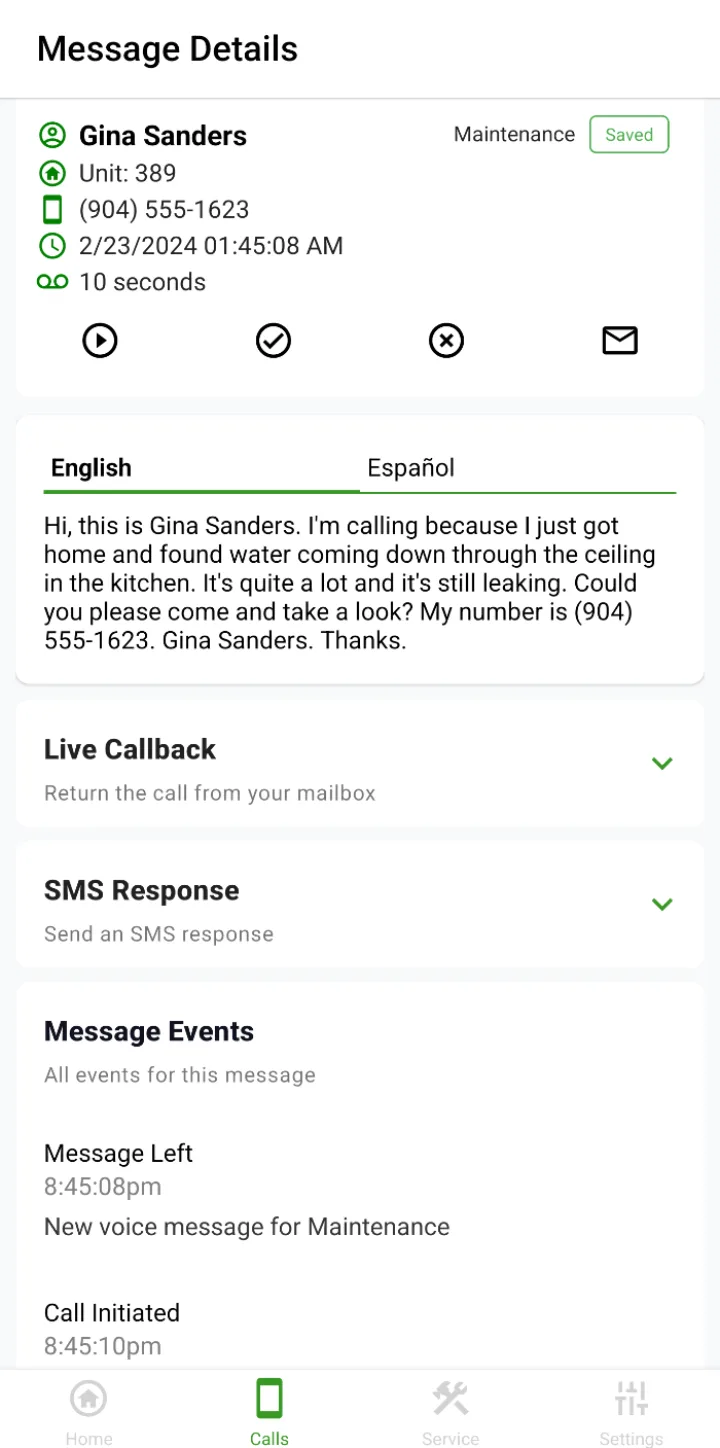 Activ mobile app showing a maintenance call: caller details, bilingual transcript, live callback and SMS response actions, and a message-event timeline.