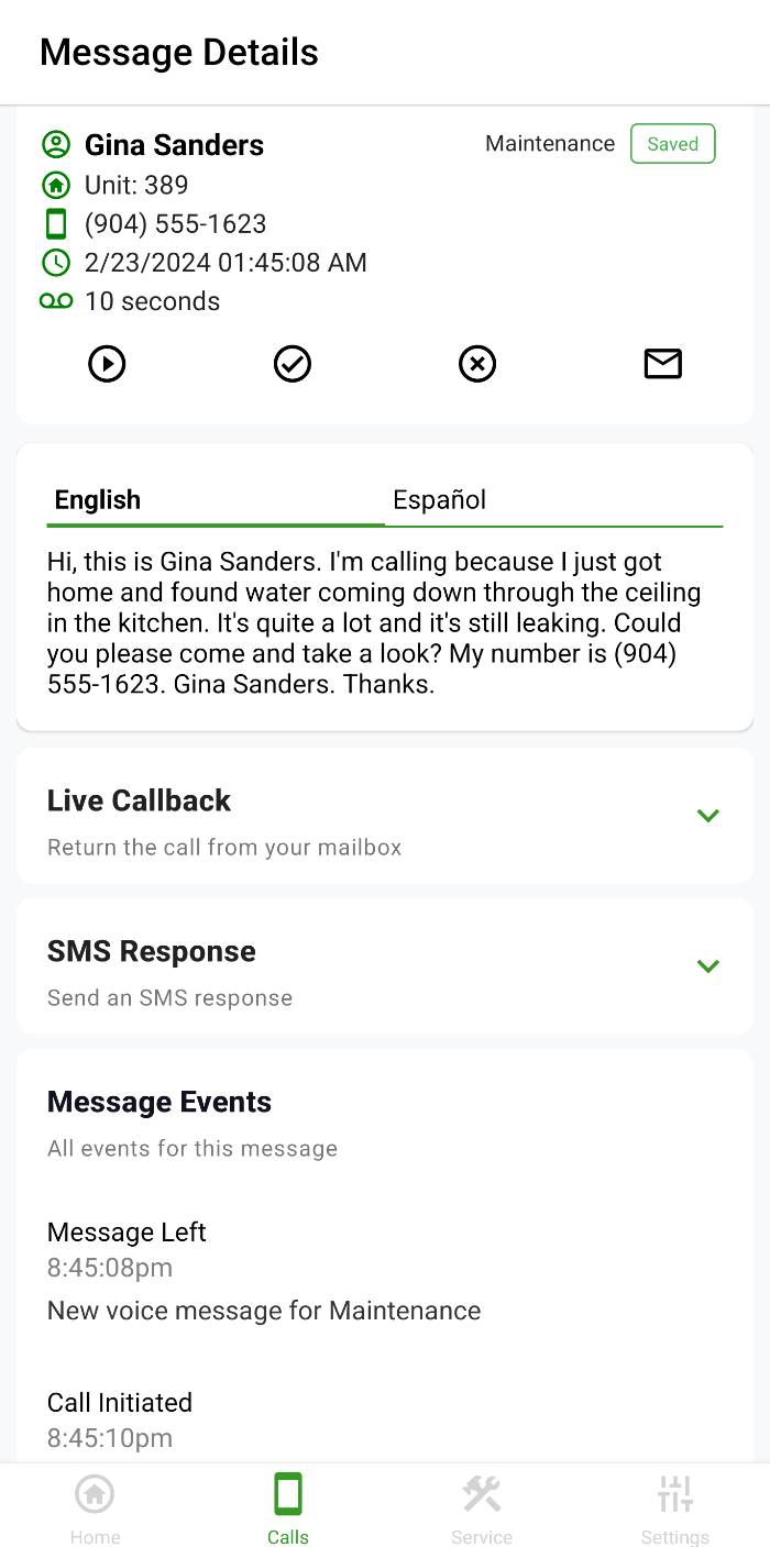 Activ mobile app showing a maintenance call: caller details, bilingual transcript, live callback and SMS response actions, and a message-event timeline.